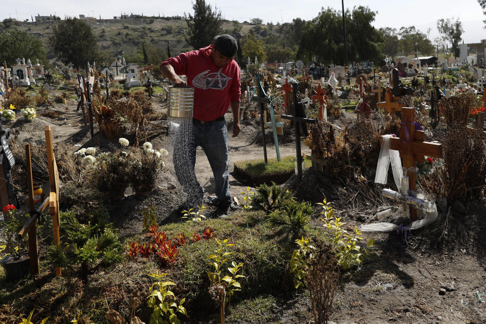 A worker waters grass and plants atop recent graves in a section of the Municipal Cemetery of Valle de Chalco opened two months ago to accommodate the surge in deaths amid the ongoing coronavirus pandemic, on the outskirts of Mexico City, Thursday, July 2, 2020. (AP Photo/Rebecca Blackwell)