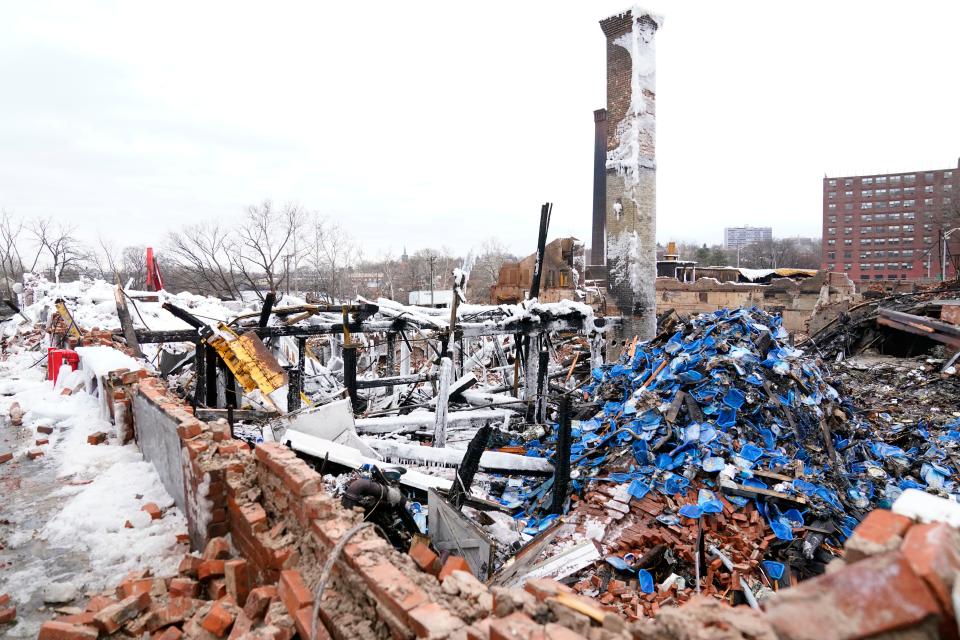 Jan 17, 2022; Passaic, NJ, Passaic; The aftermath of an 11-alarm fire at a chemical plant on Passaic avenue. Mandatory Credit: Danielle Parhizkaran/NorthJersey.com