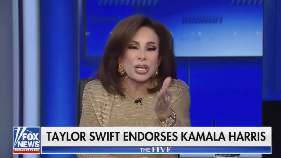 Jeanine Pirro gestures while speaking on Fox News with the headline "Taylor Swift supports Kamala Harris.”