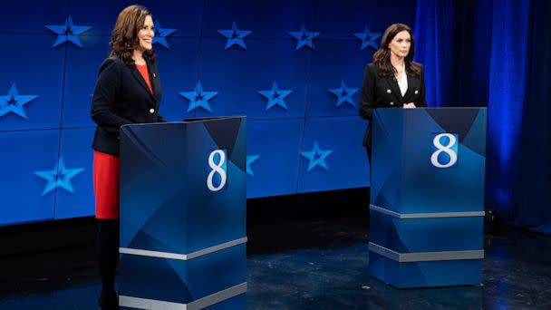 PHOTO: Democratic Gov. Gretchen Whitmer and Republican gubernatorial candidate Tudor Dixon are seen during a Michigan Governor debate in Grand Rapid., Oct. 13, 2022. (Bryan Esler/AP)