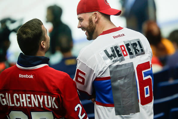 October 13, 2016: Canadiens fan sports altered Montreal Canadiens Defenseman Shea Weber (6) jersey prior to the Montreal Canadiens and Buffalo Sabres NHL game at Key Bank Center in Buffalo, NY (Photo by John Crouch/Icon Sportswire via Getty Images.)