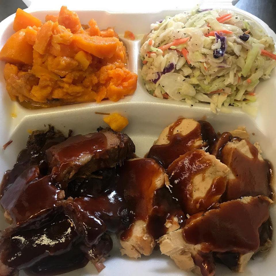 Barbecue, sweet potatoes and coleslaw from Sweet Magnolia Smokehouse.