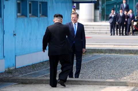 Moon Jae-in and Kim Jong-un at the Demarcation Line - Credit: INTER-KOREAN SUMMIT PRESS CORPS