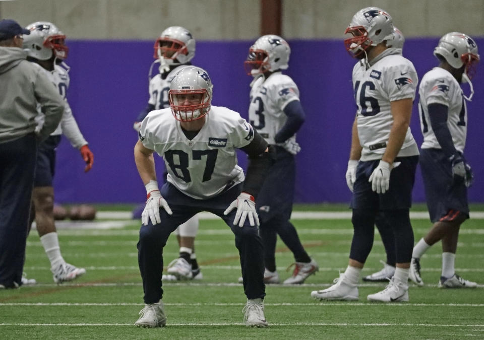 Rob Gronkowski warms up during a practice Thursday. (AP)