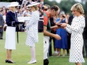 <p>Diana was a big fan of polka dots. On the left, she's seen with Princess Anne at an equestrian event in June of 1986, and on the right, she appears to be wearing an altered version of the same dress, sans-peplum, at a polo match just one year later.</p>