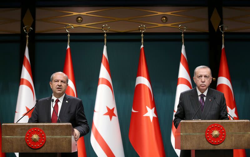 FILE PHOTO: Turkish President Erdogan holds a news conference with Tatar, prime minister of the breakaway state of Northern Cyprus, in Ankara