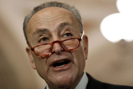 FILE PHOTO: Senate Minority Leader Chuck Schumer speaks with reporters following leadership elections at the U.S. Capitol in Washington, U.S., November 14, 2018. REUTERS/Aaron P. Bernstein