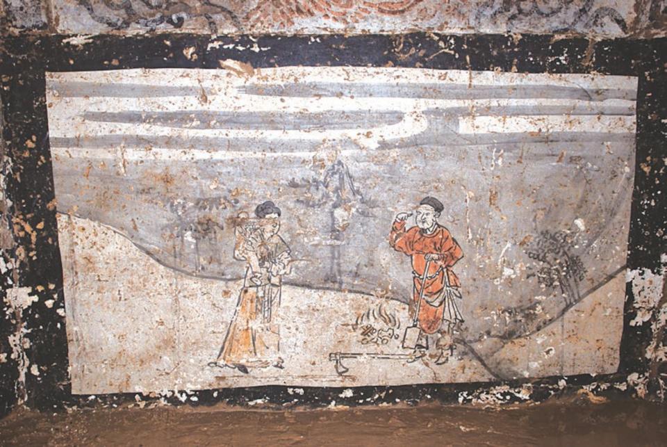 In this tomb mural, parents try to bury their child alive; they don’t go through with it because they find a treasure when digging the burial hole. <cite>Chinese Cultural Relics</cite>