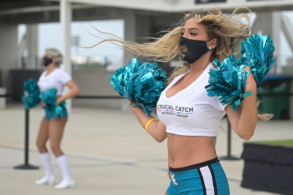 A member of the Jaguars Roar wears a Crucial Catch logo on her uniform before last year's game against Detroit.
