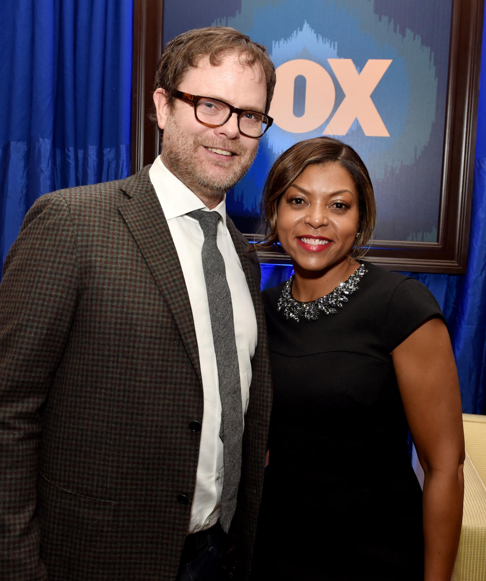 PASADENA, CA - JANUARY 17:  Actors Rainn Wilson (L) and Taraji P. Henson pose at the Fox Winter TCA All-Star Party at the Langham Huntington Hotel on January 17, 2015 in Pasadena, California.  (Photo by Kevin Winter/Getty Images)