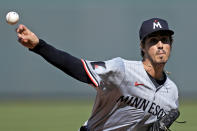 Minnesota Twins starting pitcher Joe Ryan throws during the first inning of a baseball game against the Kansas City Royals Saturday, March 30, 2024, in Kansas City, Mo. (AP Photo/Charlie Riedel)