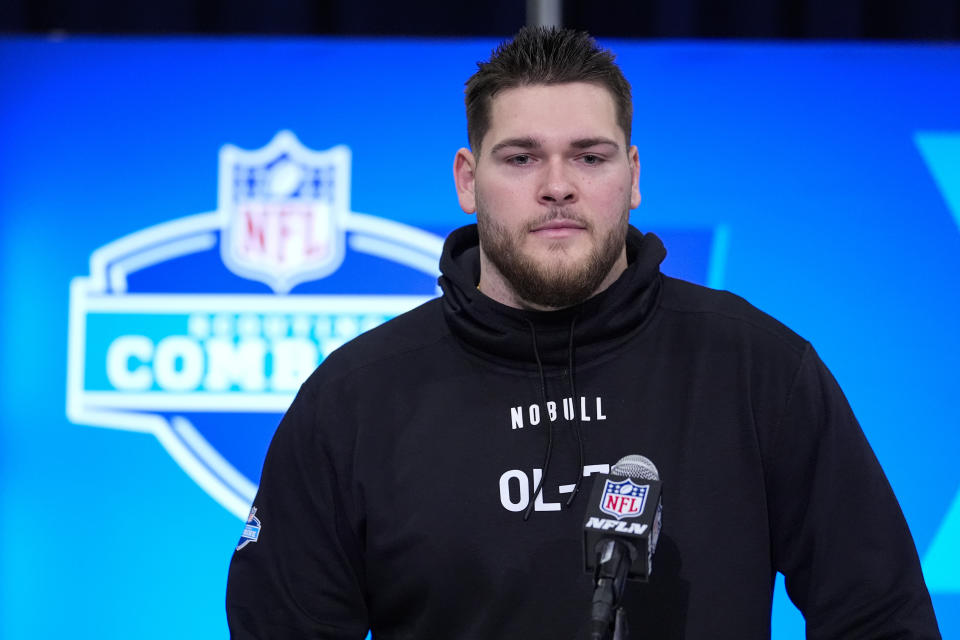 Michigan offensive lineman Zak Zinter speaks during a press conference at the NFL football scouting combine in Indianapolis, Saturday, March 2, 2024. (AP Photo/Michael Conroy)
