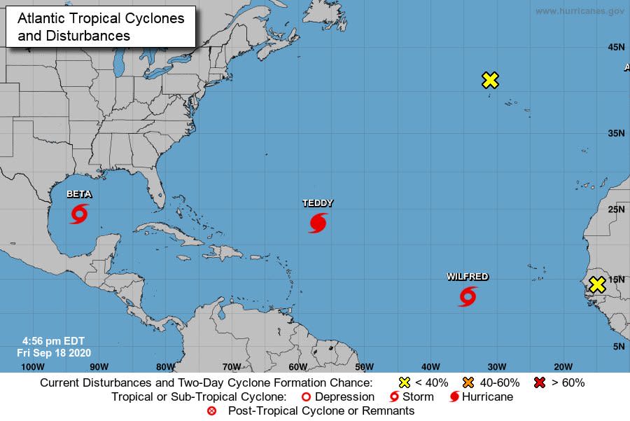 Un mapa con las tormentas activas en el Atlántico