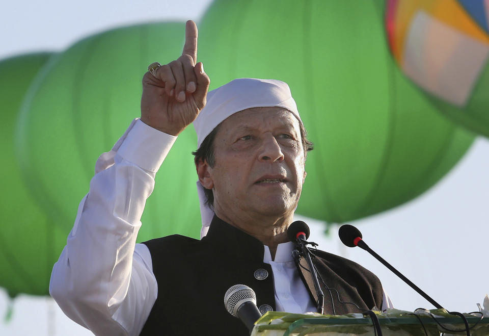 Pakistan Prime Minister Imran Khan addresses during the inauguration ceremony of Gurdwara Darbar Sahib in Kartarpur, Pakistan, Saturday, Nov. 9, 2019. Pakistan's prime minister has inaugurated a visa-free initiative that allows Sikh pilgrims from India to visit one of their holiest shrines. Khan opened the border corridor on Saturday as thousands of Indian pilgrims waited to visit the Kartarpur shrine. (AP Photo/K.M. Chaudary)