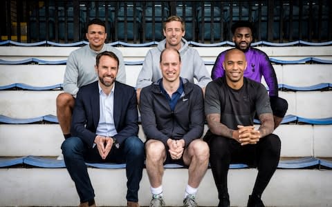 The Duke of Cambridge (centre) with; (left to right) Jermaine Jenas, Gareth Southgate, Peter Crouch, Thierry Henry and Danny Rose, taken for the BBC One documentary a A Royal Team Talk. - Credit: PA