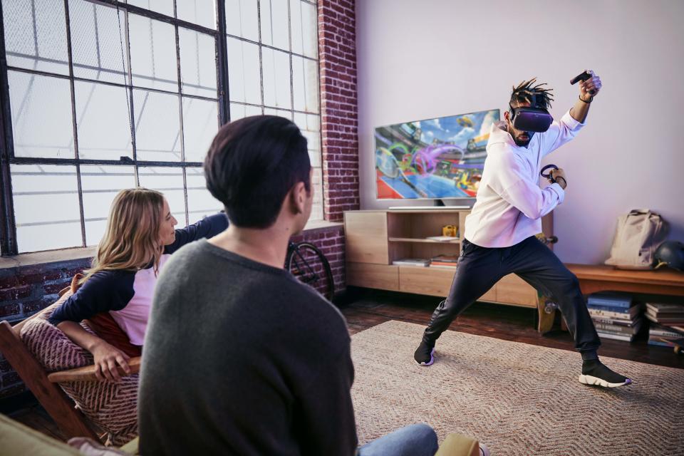 This undated product image provided by Oculus shows the virtual reality headset Quest, which Facebook CEO Mark Zuckerberg unveiled at an Oculus conference on Wednesday, Sept. 26, 2018. The headset from Facebook's Oculus division will be a stand-alone device that won't require a smartphone or a connection to a personal computer to create artificial worlds. (Oculus via AP)