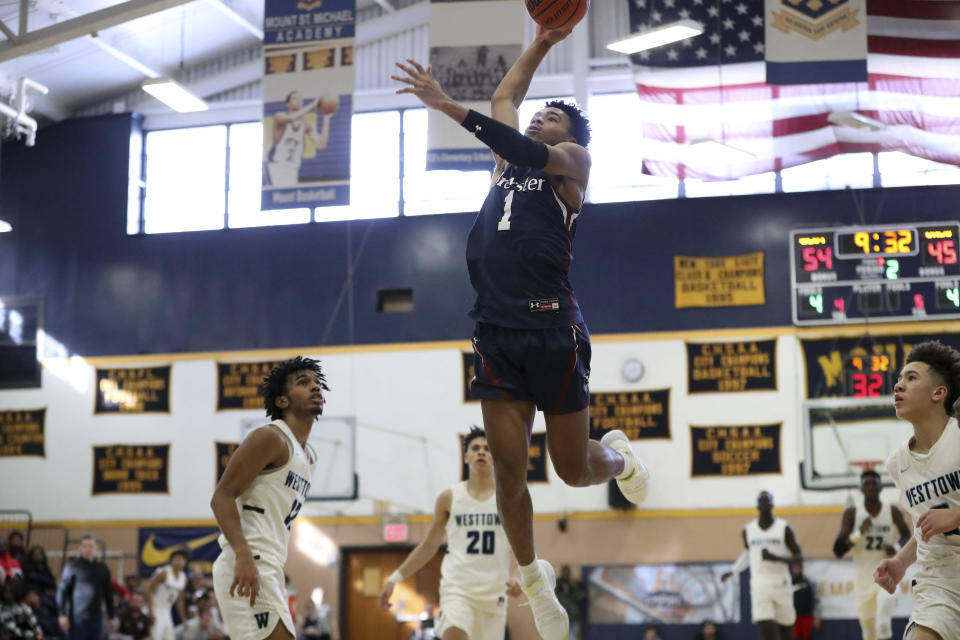 Brewster Academy's Jalen Lecque #1 in action against Westtown School during a high school basketball game on Sunday, January 13, 2019 in the Bronx, NY. (AP Photo/Gregory Payan)