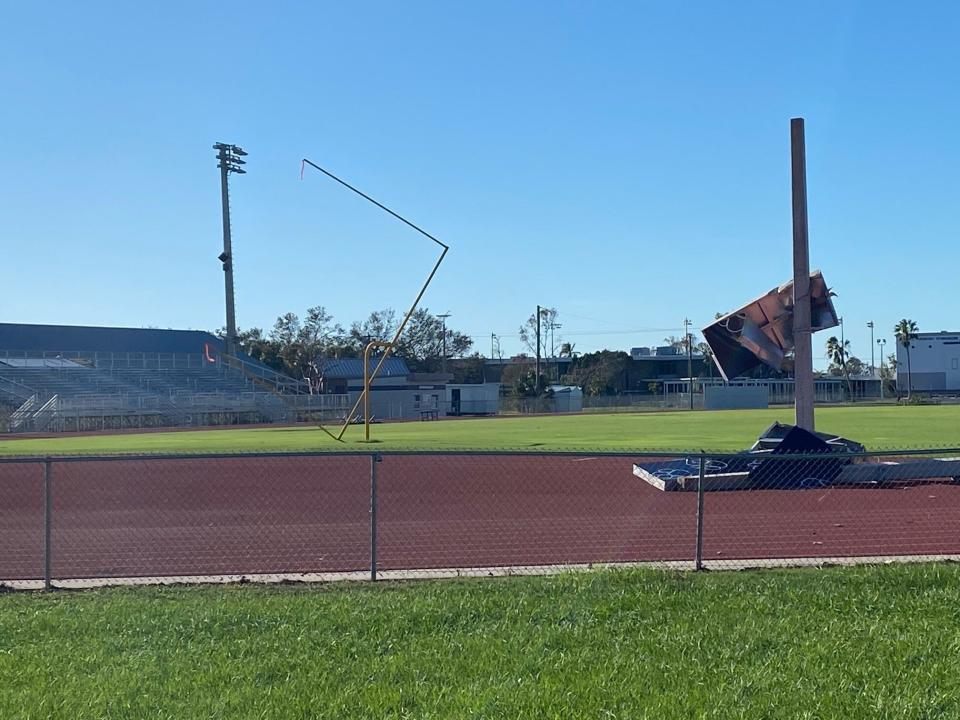 The anther Stadium goalposts and scoreboard were damaged by Hurricane Ian.