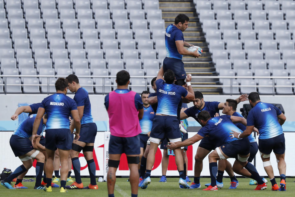 Argentina team train during their captain's run prior to the Rugby World Cup in Tokyo, Japan, Thursday, Sept. 19, 2019. (AP Photo/Eugene Hoshiko)