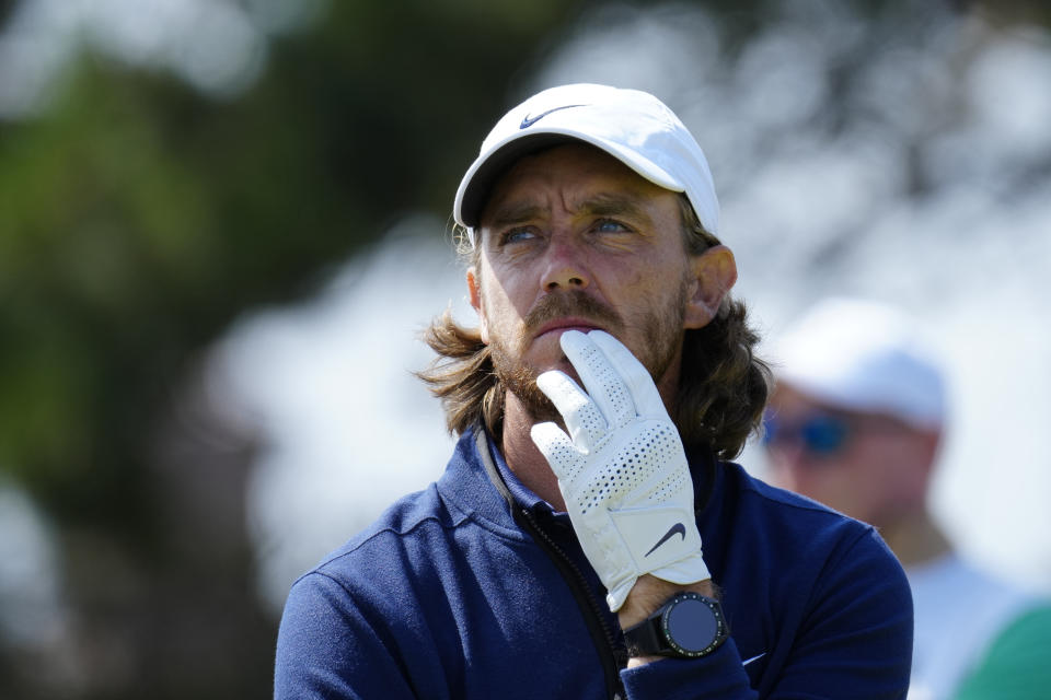 England's Tommy Fleetwood wait to play the 18th tee on the first day of the British Open Golf Championships at the Royal Liverpool Golf Club in Hoylake, England, Thursday, July 20, 2023. (AP Photo/Jon Super)