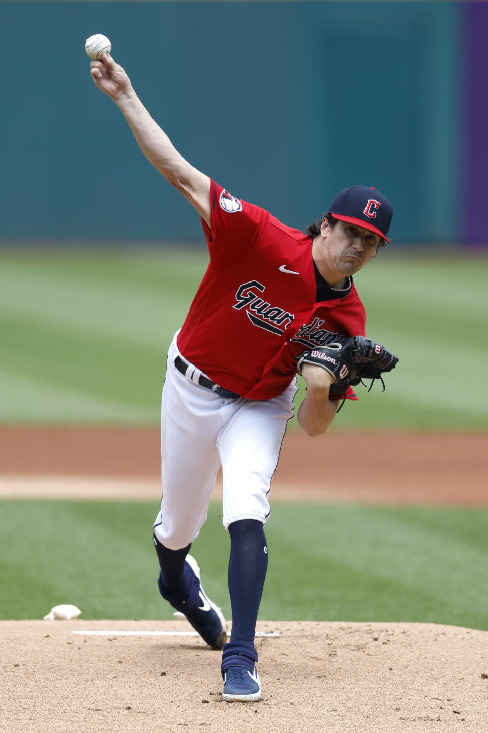 Cleveland Guardians starting pitcher Cal Quantrill throws against the Cincinnati Reds during the first inning of a baseball game, Thursday, May 19, 2022, in Cleveland. (AP Photo/Ron Schwane)