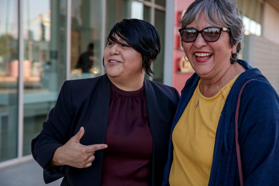 Maria Avalos, left, College of the Desert advisor with the Child Development Center, shares a moment with former student, Estella Juarez, a Desert Sands Unified School District employee following a ribbon cutting ceremony to celebrate the opening of College of the DesertÕs new Child Development Center in Indio, Calif., on Tuesday, January 23, 2024.