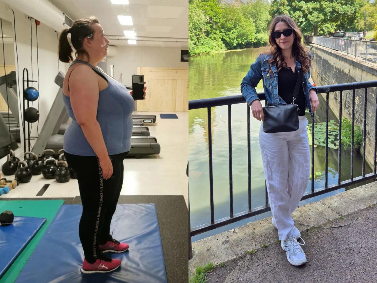 A composite image of Maria Kirkeland in the gym at the start of her weight-loss journey and standing by a river after losing weight.