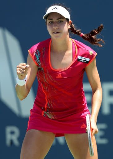 Christina McHale celebrates winning a point during her match against Misaki Doi of Japan during day six of the Mercury Insurance Open Presented By Tri-City Medical at La Costa Resort & Spa, on July 19, in Carlsbad, California. McHale won 4-6, 6-4, 6-4