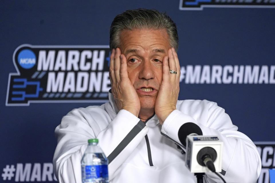 FILE - University of Kentucky head coach John Calipari meets with reporters before attending his NCAA college men's basketball team practice at PPG Paints Arena in Pittsburgh, Wednesday, March 20, 2024. Calipari is stepping down as Kentucky's men's basketball coach after 15 years, saying Tuesday, April 9, on social media that the “program probably needs to hear another voice” amid reports that he's closing in on a deal with Arkansas to take over that Southeastern Conference program. (AP Photo/Gene J. Puskar, File)