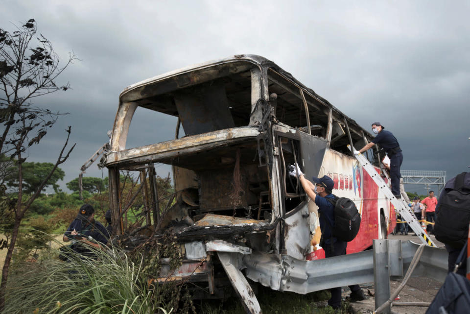 Wreckage of a bus that crashed in Taipei