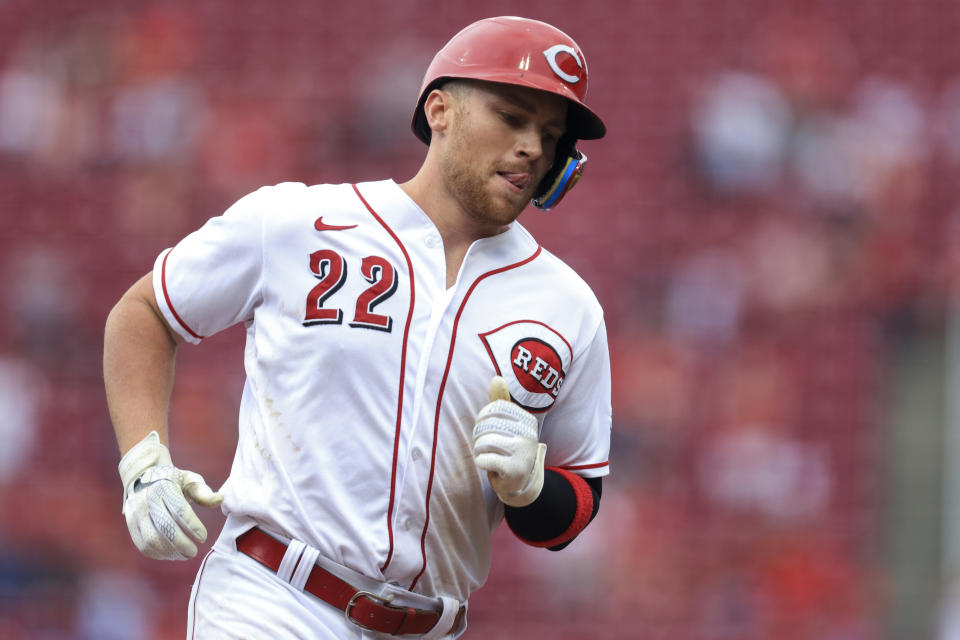 Cincinnati Reds' Brandon Drury runs the bases after hitting a solo home run during the third inning of the team's baseball game against the Tampa Bay Rays in Cincinnati, Friday, July 8, 2022. (AP Photo/Aaron Doster)