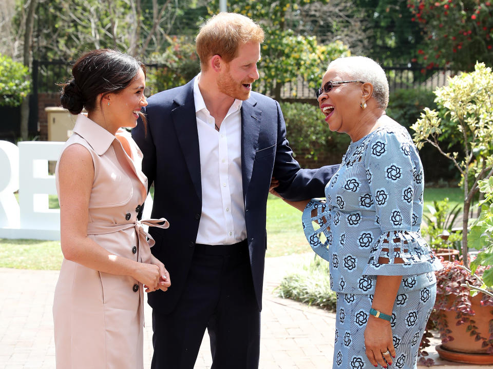 October 2, 2019: Prince Harry and Meghan Markle greet Graca Machel, widow oft he late Nelson Mandela