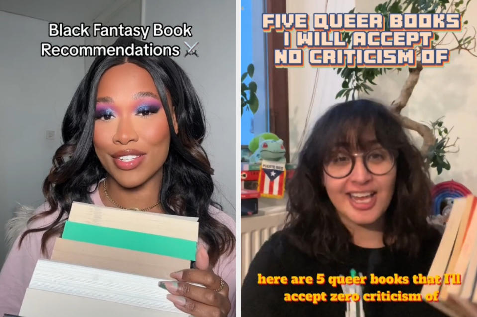 Side-by-side screenshots of two TikTok videos, one recommending Black fantasy books and the other recommending queer books