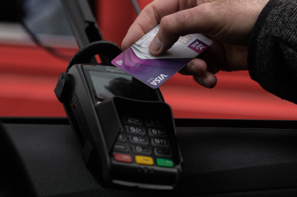 Contactless card payment at a take away in Dublin during Level Five COVID-19 lockdown.
On Wednesday, March 23, 2021, in Dublin, Ireland. (Photo by Artur Widak/NurPhoto via Getty Images)