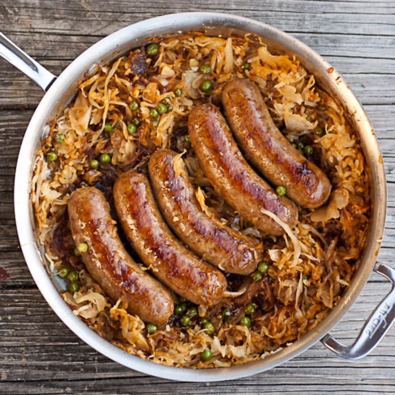 <p>Sausage and kraut—now this is Oktoberfest! <a href="http://chaosinthekitchen.com/2013/04/beer-braised-bratwurst-and-caramelized-sauerkraut/" rel="nofollow noopener" target="_blank" data-ylk="slk:See the recipe;elm:context_link;itc:0;sec:content-canvas" class="link rapid-noclick-resp">See the recipe</a>. </p>