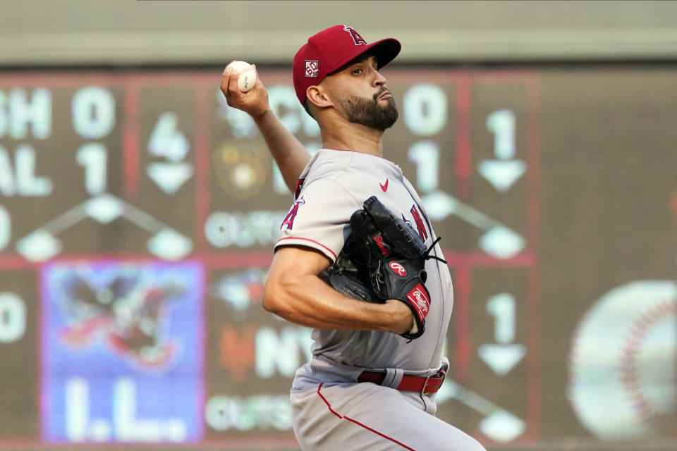 Los Angeles Angels pitcher Patrick Sandoval throws against the Minnesota Twins during a baseball game, Saturday, July 24, 2021, in Minneapolis. (AP Photo/Jim Mone)