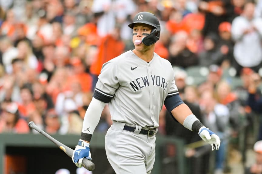 New York Yankees right fielder Aaron Judge (99) walks back to the dugout after trickling out in the first inning against the Baltimore Orioles at Oriole Park at Camden Yards.