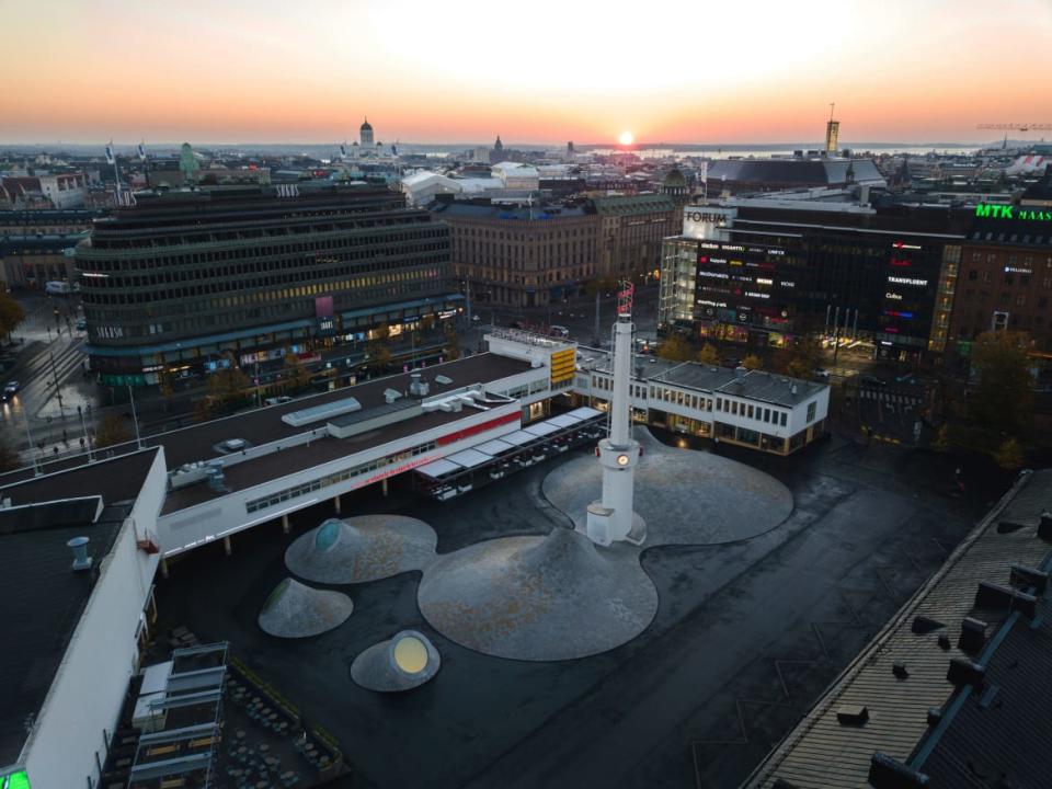 An aerial photograph of the Glass Palace courtyard on the roof of the Amos Rex Art Museum in Helsinki, Finland.