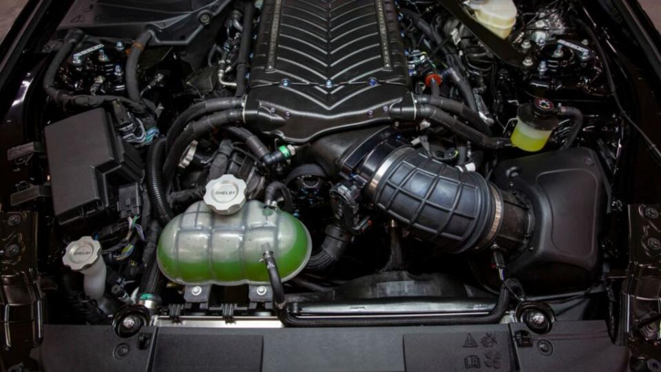 The engine bay of the Exclusive Centennial Edition Mustang.