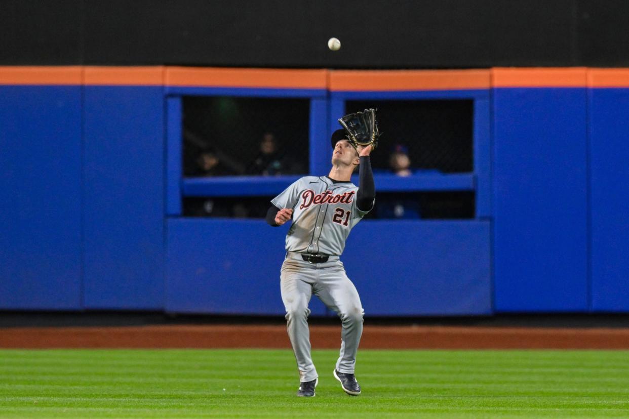 Tigers outfielder Mark Canha catches a fly ball for an out during the seventh inning of the Tigers' 5-0 win in 10 innings on Monday, April 1, 2024, in New York.