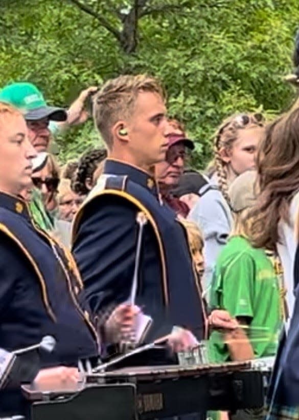 Luke Foster is shown in the afternoon drummers circle for the University of Notre Dame's marching band.