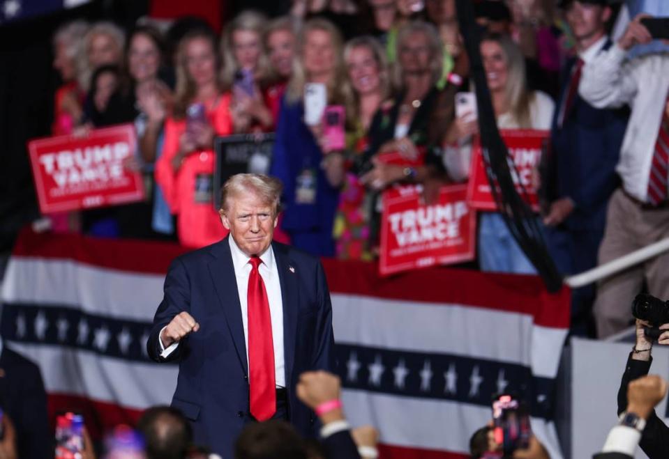 Former President Donald Trump speaks to a crowd inside the Bojangles Coliseum in Charlotte on Wednesday, July 24, 2024.