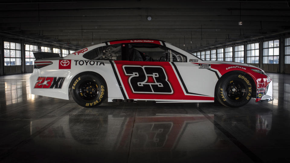 This image provided by Toyota Racing, shows the new No. 23 Toyota Camry at at Charlotte Motor Speedway, Saturday, Oct. 24, 2020, in Charlotte, N.C. Hall of Fame basketball player and Charlotte Hornets owner Michael Jordan expects to field a winning team when 23XI (pronounced twenty-three eleven) Racing begins NASCAR competition next season. The car will be driven by Bubba Wallace and will be a Toyota in an alliance with Joe Gibbs Racing. (Toyota Racing via AP)