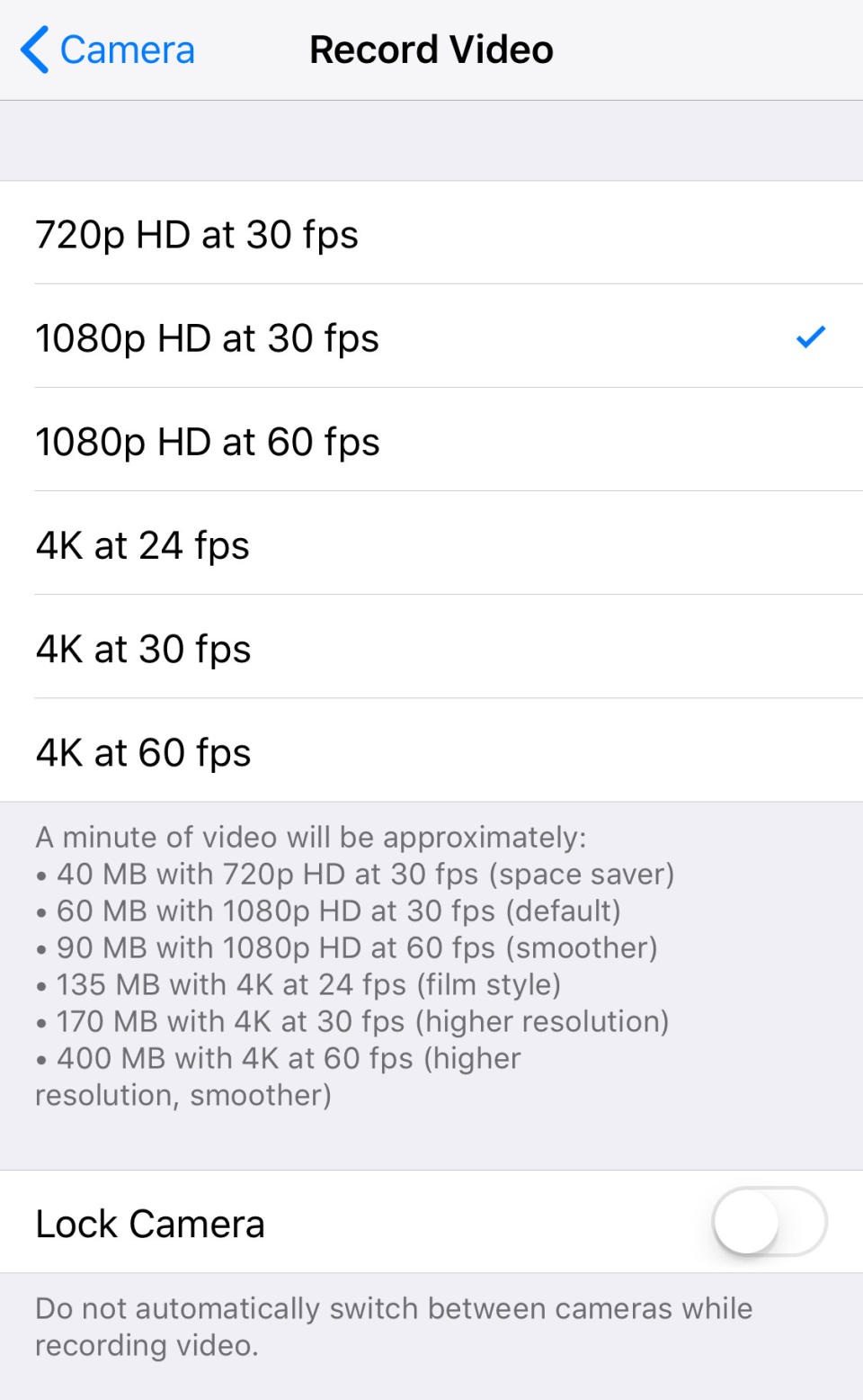 Record Video resolution options