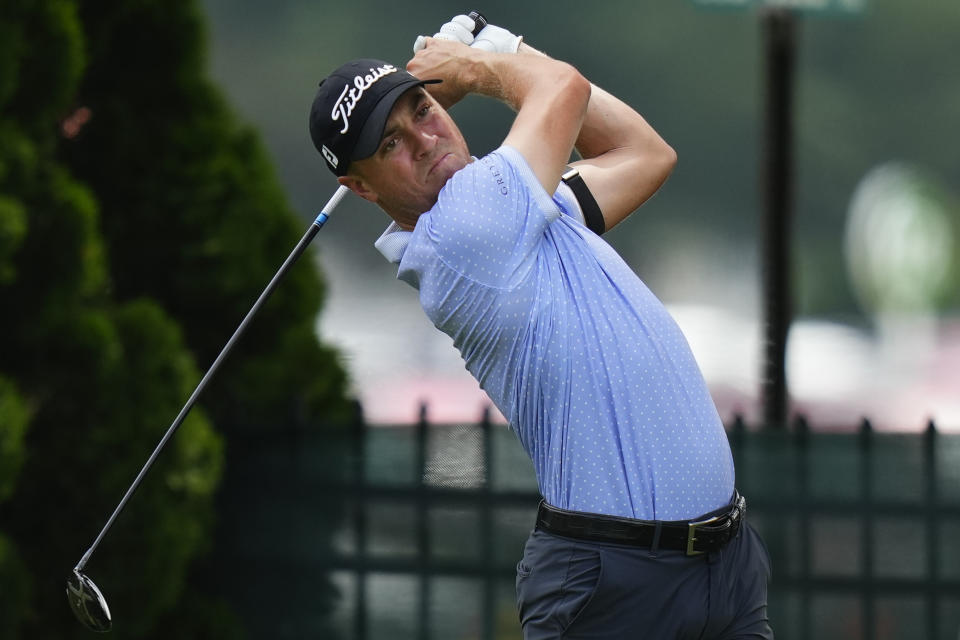 Justin Thomas tees off on the ninth hole during the third round of the Travelers Championship golf tournament at TPC River Highlands, Saturday, June 24, 2023, in Cromwell, Conn. (AP Photo/Frank Franklin II)