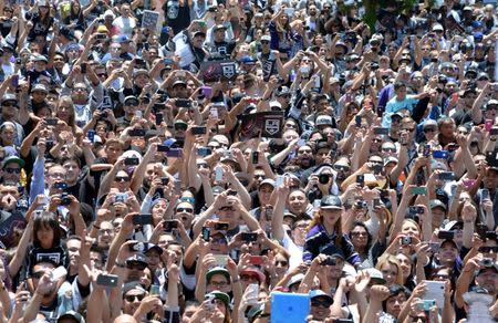 Los Angeles Kings fans cheer during a parade on Figueroa Street to celebrate winning the 2014 Stanley Cup. Mandatory Credit: Kirby Lee-USA TODAY Sports