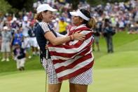 Aug 20, 2017; West Des Moines, IA, USA; USA captian Juli Inkster celebrates with Lizette Salas after winning the The Solheim Cup international golf tournament at Des Moines Golf and Country Club. Mandatory Credit: Thomas J. Russo-USA TODAY Sports