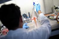 Scientist works on cells that produce antibodies against the coronavirus disease (COVID-19), in a university lab in Athens