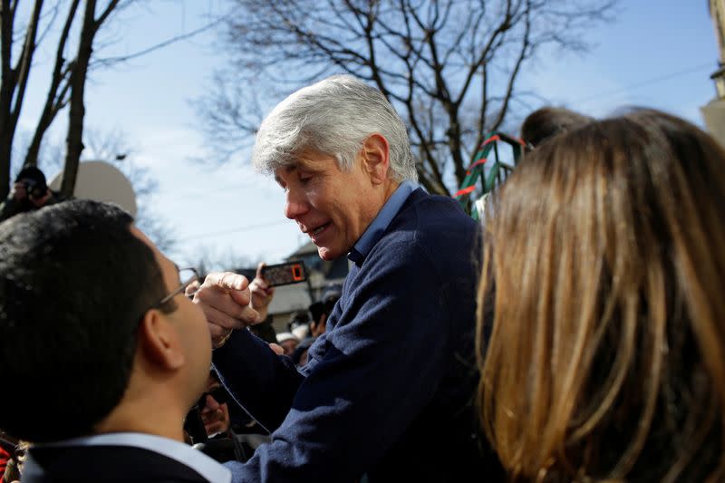 Rod Blagojevich greets supporters outside his home after U.S. President Donald Trump commuted his prison sentence, in Chicago