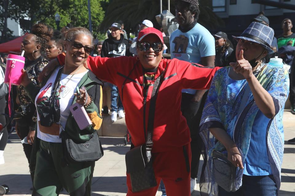 A Juneteenth celebration in 2022 in San Francisco. <a href="https://www.gettyimages.com/detail/news-photo/people-take-part-in-a-celebration-of-juneteenth-in-san-news-photo/1241425569?adppopup=true" rel="nofollow noopener" target="_blank" data-ylk="slk:Liu Yilin/Xinhua News Agency via Getty Images;elm:context_link;itc:0;sec:content-canvas" class="link ">Liu Yilin/Xinhua News Agency via Getty Images</a>